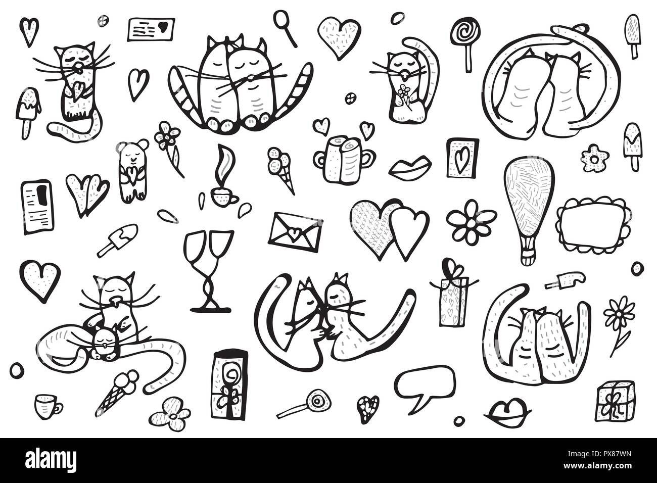 Doodle set with cute love symbols. Cats and valentine day objects ...