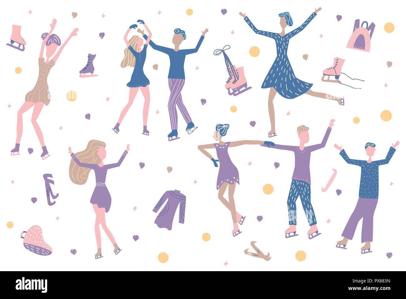 Figure skating concept. Group of people on the rink and equipment