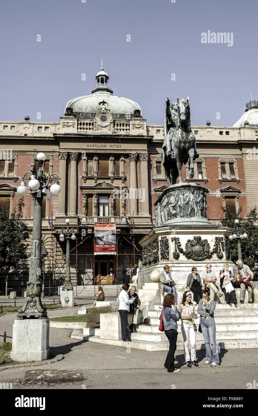 Beograd, city center, square Trg Republike, statue prince Mihailo Obrenovic, Serbia-Montenegro, Belgrade Stock Photo