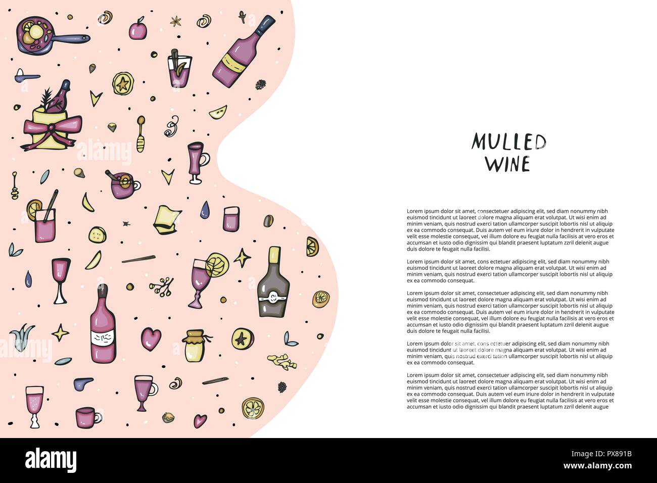 Vector template with  mulled wine elements and objects. Background composition in doodle style. Stock Vector
