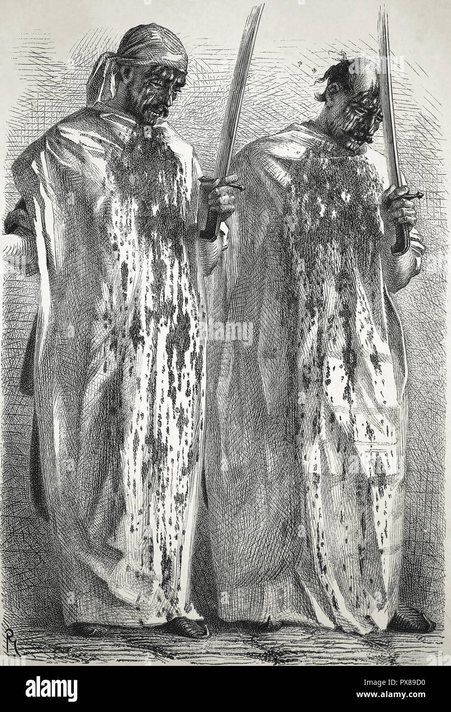Two self-slashed men cutting his face  in the Muharram bloody procession of Shusha, Azerbaidjan. Engraving (c.1878) Stock Photo