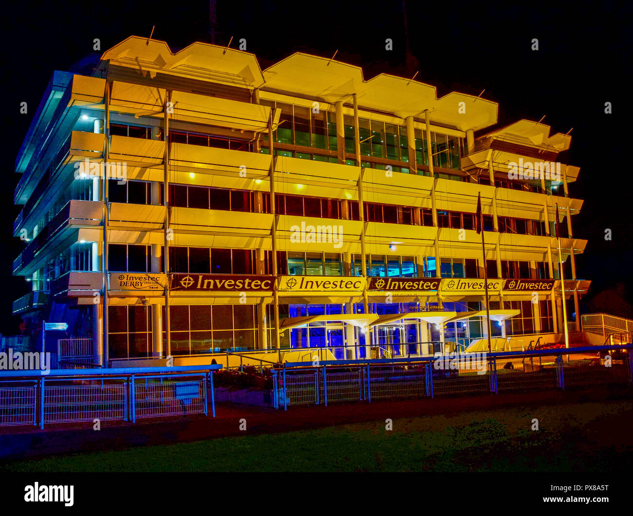 The famous Queen Stand at Epsom Downs Racecourse has been lit up for the whole of September in gold to raise awareness of the Glow Gold for Childhood Cancer Awareness.  Featuring: Atmosphere, View Where: Epsom, United Kingdom When: 19 Sep 2018 Credit: Paul Taylor/WENN.com Stock Photo