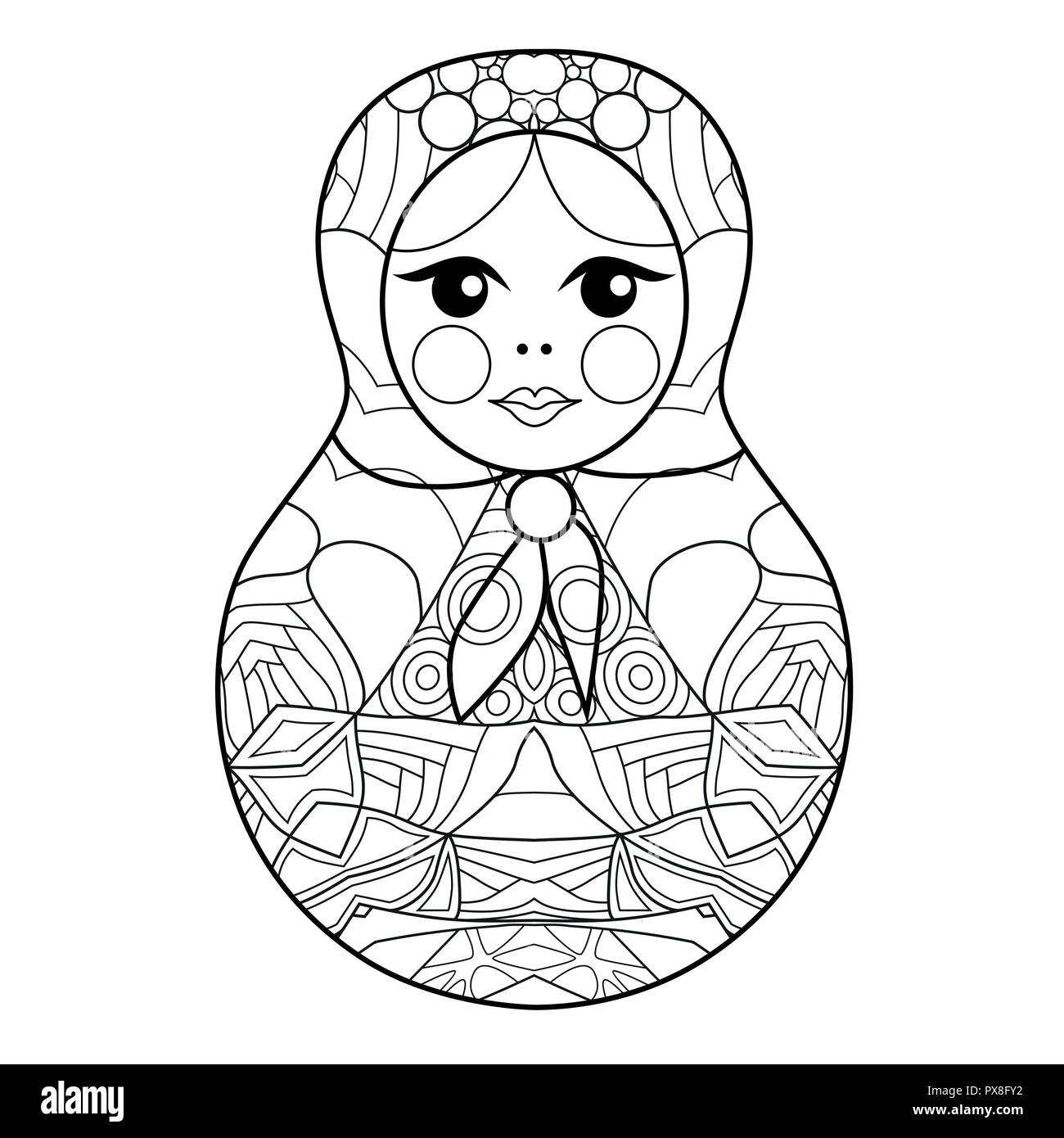 Matrioshka zentangle styled with clean lines for coloring book for anti stress, t-shirt design, tattoo and other decorationsOwl zentangle styled with  Stock Vector