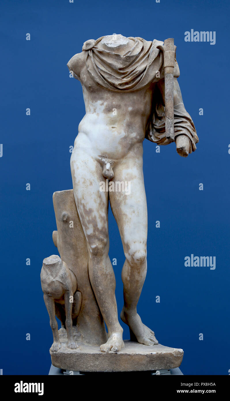 Statue of Meleager, hero in Greek mythology. 1st century AD. marble. Monte Cassino, Italy. Copy of a greek work from around 340 BC. Stock Photo