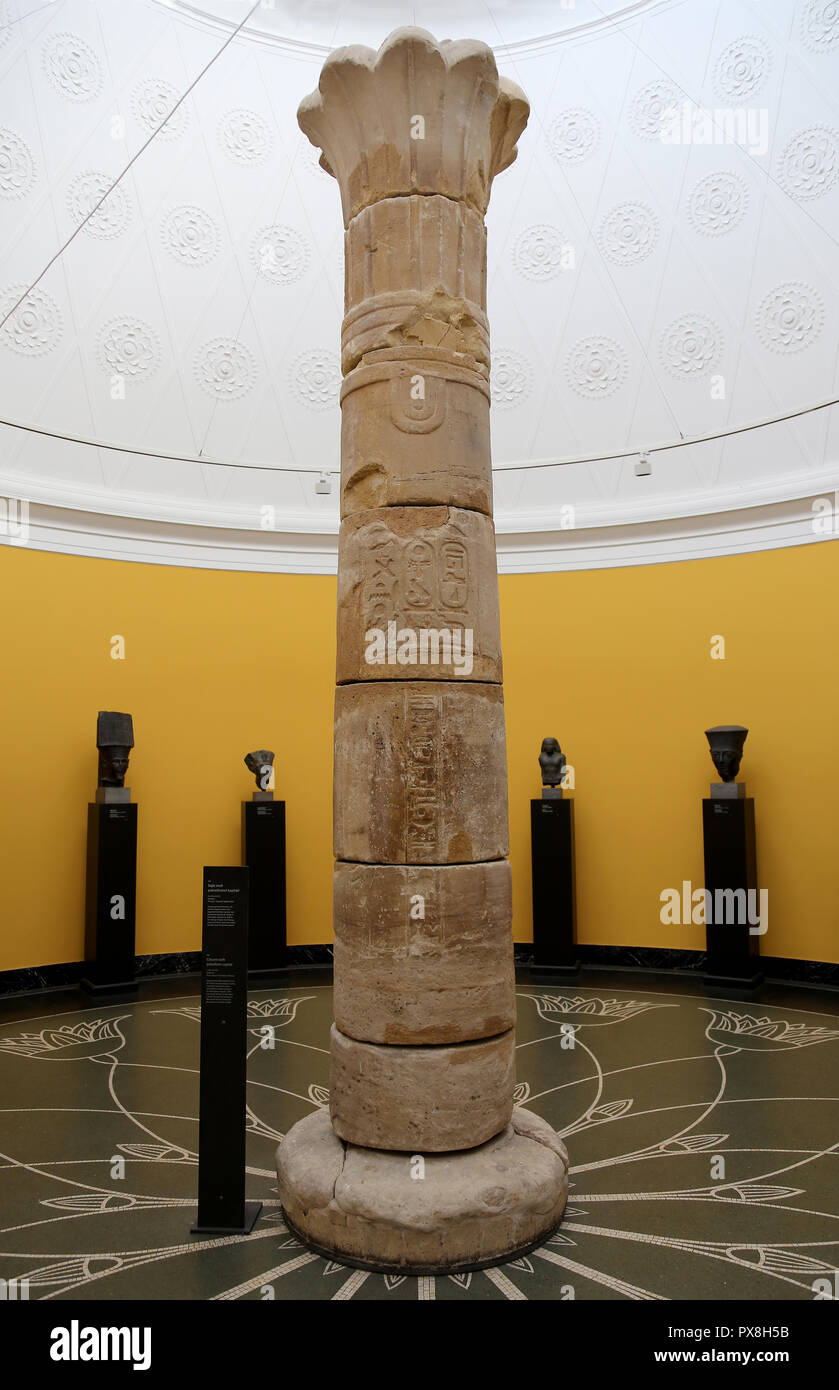 Column with palmiform capital (c. 690-664 BC) from the Temple of Taharqa, pharaoh of the 25th Dynasty, in Kawa, Ancient Egypt. Stock Photo