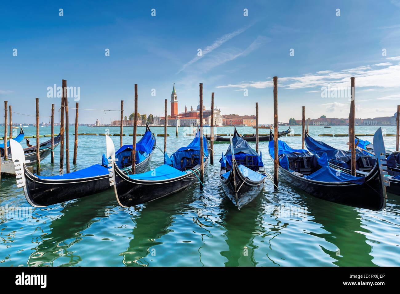 Venice Italy. Gondolas in Grang Canal, San Marco Square Stock Photo