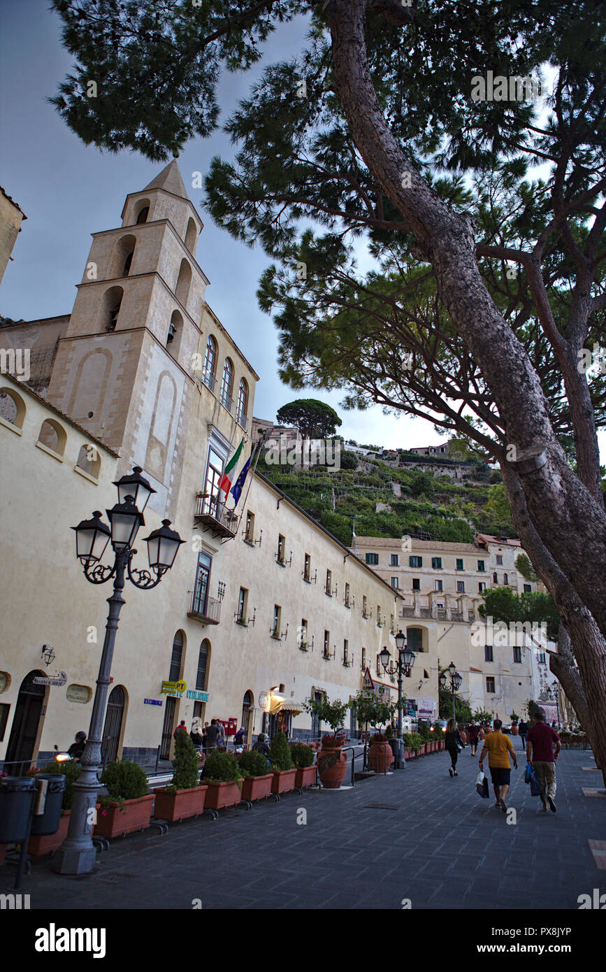 view from low angle of building and tree of amalfi Stock Photo