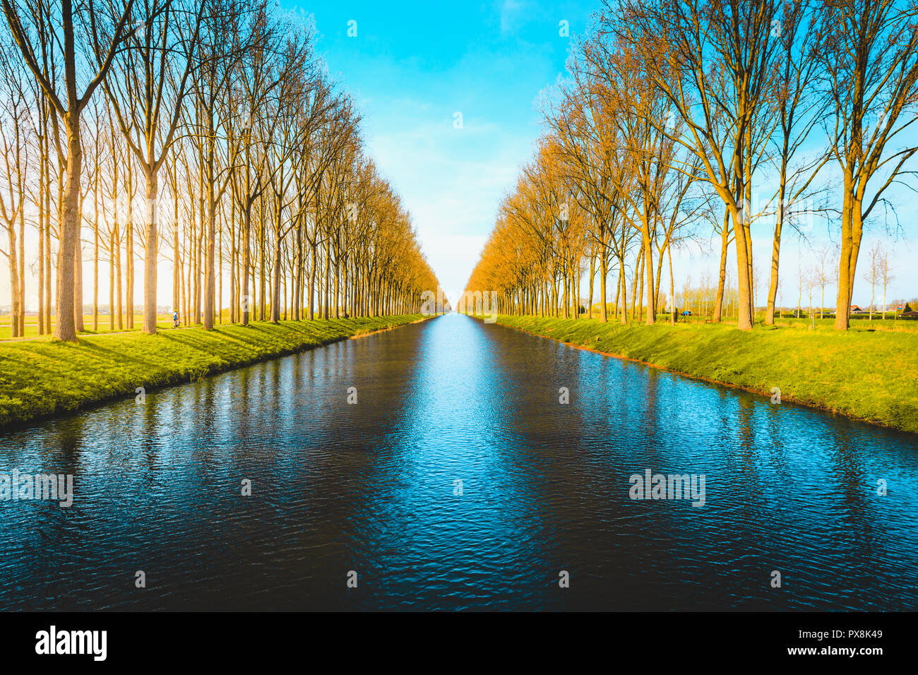 Beautiful view of famous Damme Canal, also known as Damse Vaart or Napoleonvaart, near the city of Brugge in evening light at sunset Stock Photo