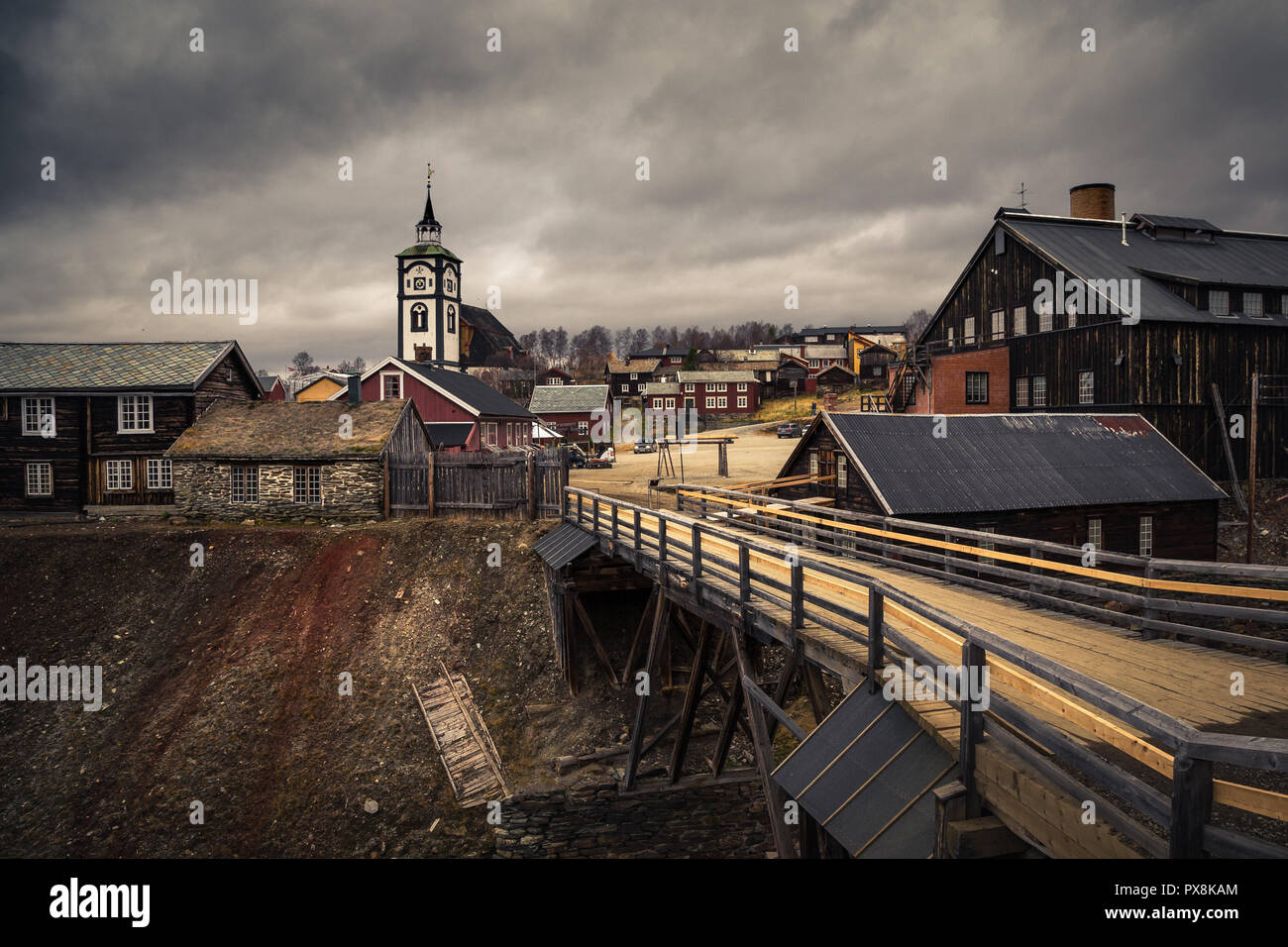 Mining town Røros in Norway, fantastic original old norwegian town, set as a UNESCO World Heritage Site. Traditional wooden architecture. Stock Photo