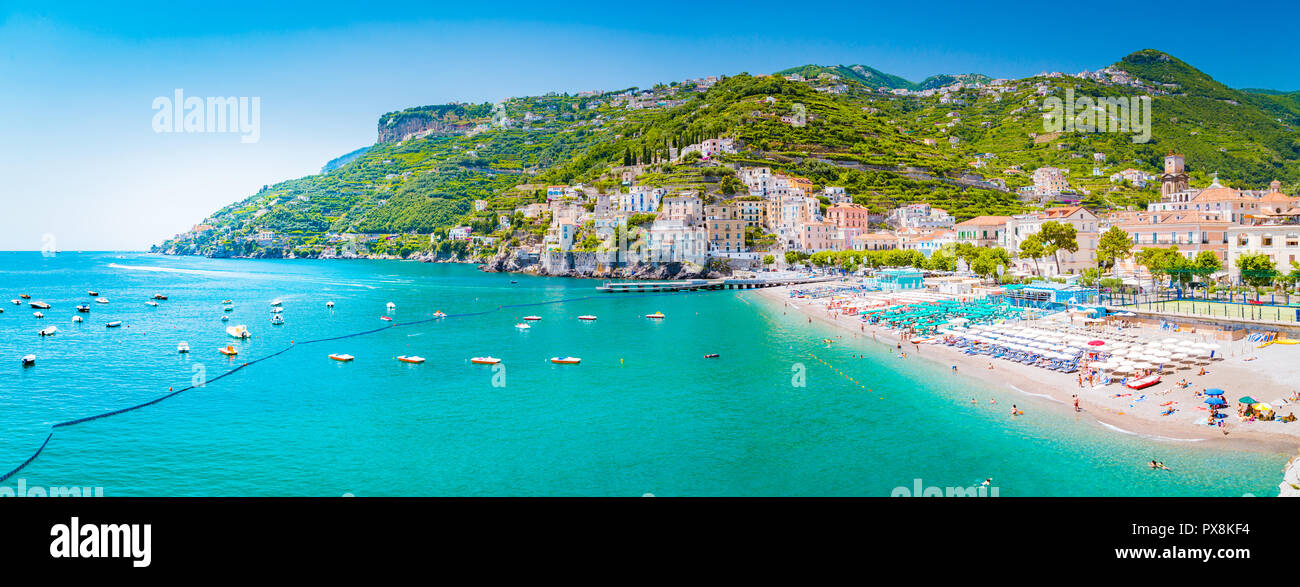 Scenic panoramic view of the beautiful town of Amalfi at famous Amalfi Coast with Gulf of Salerno in summer, Campania, Italy Stock Photo