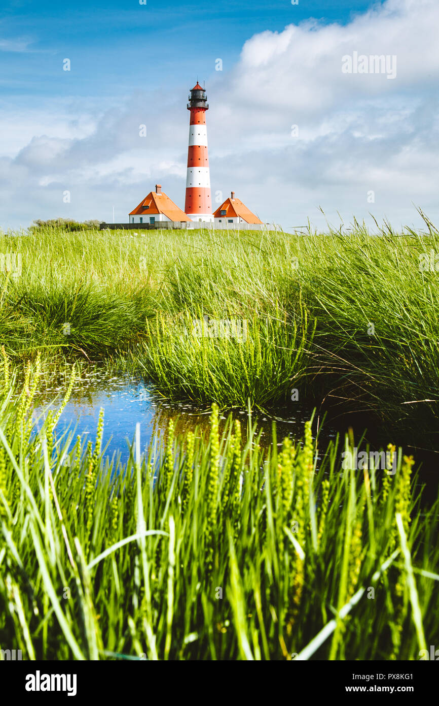 Beautiful view of famous Westerheversand on a sunny day with blue sky and clouds in summer, North Sea, Schleswig-Holstein, Germany Stock Photo