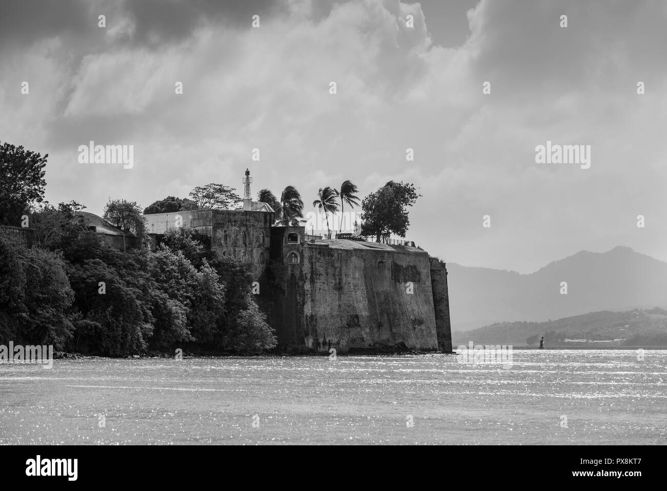 Fort Saint Louis in Fort-de-France Bay, Martinique, West Indies, French Caribbean. Black and white photography. Stock Photo