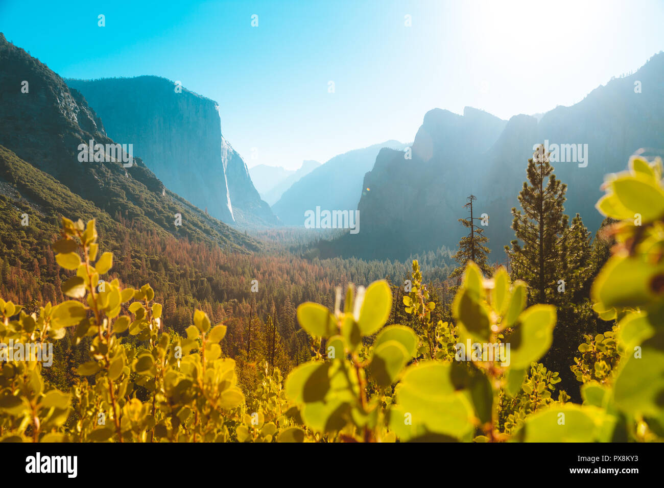 Panoramic view of famous Yosemite Valley Tunnel View in beautiful morning light at sunrise in fall, Yosemite National Park, Mariposa County, Californi Stock Photo