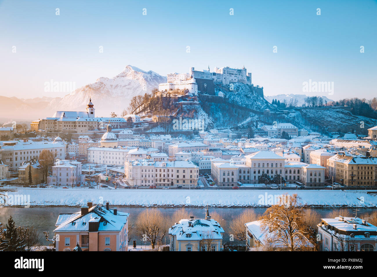 Classic view of the historic city of Salzburg with famous