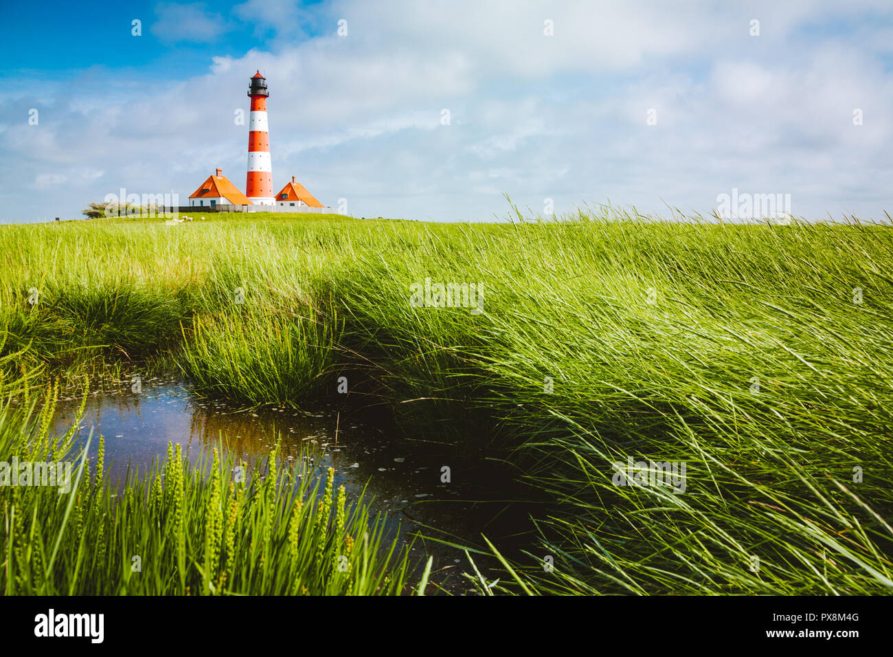 Beautiful view of famous Westerheversand on a sunny day with blue sky and clouds in summer, North Sea, Schleswig-Holstein, Germany Stock Photo