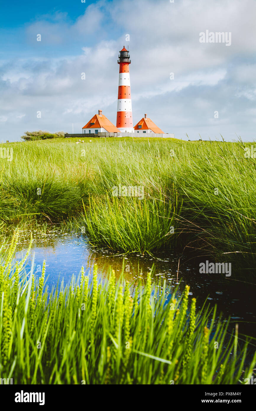 Beautiful view of famous Westerheversand on a sunny day with blue sky and clouds in summer, North Sea, Schleswig-Holstein, Germany Stock Photo