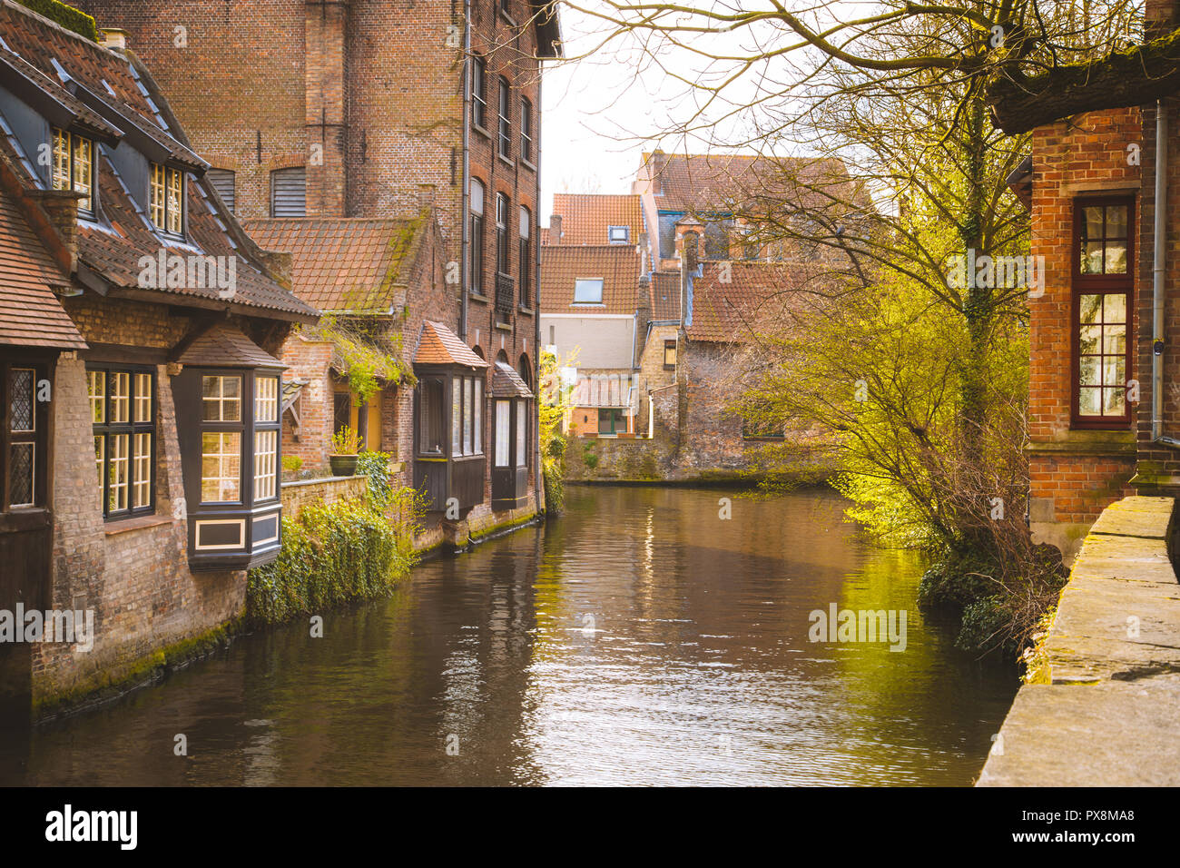 Scenic view of the historic city center of Brugge in beautiful golden morning light at sunrise, province of West Flanders, Belgium Stock Photo