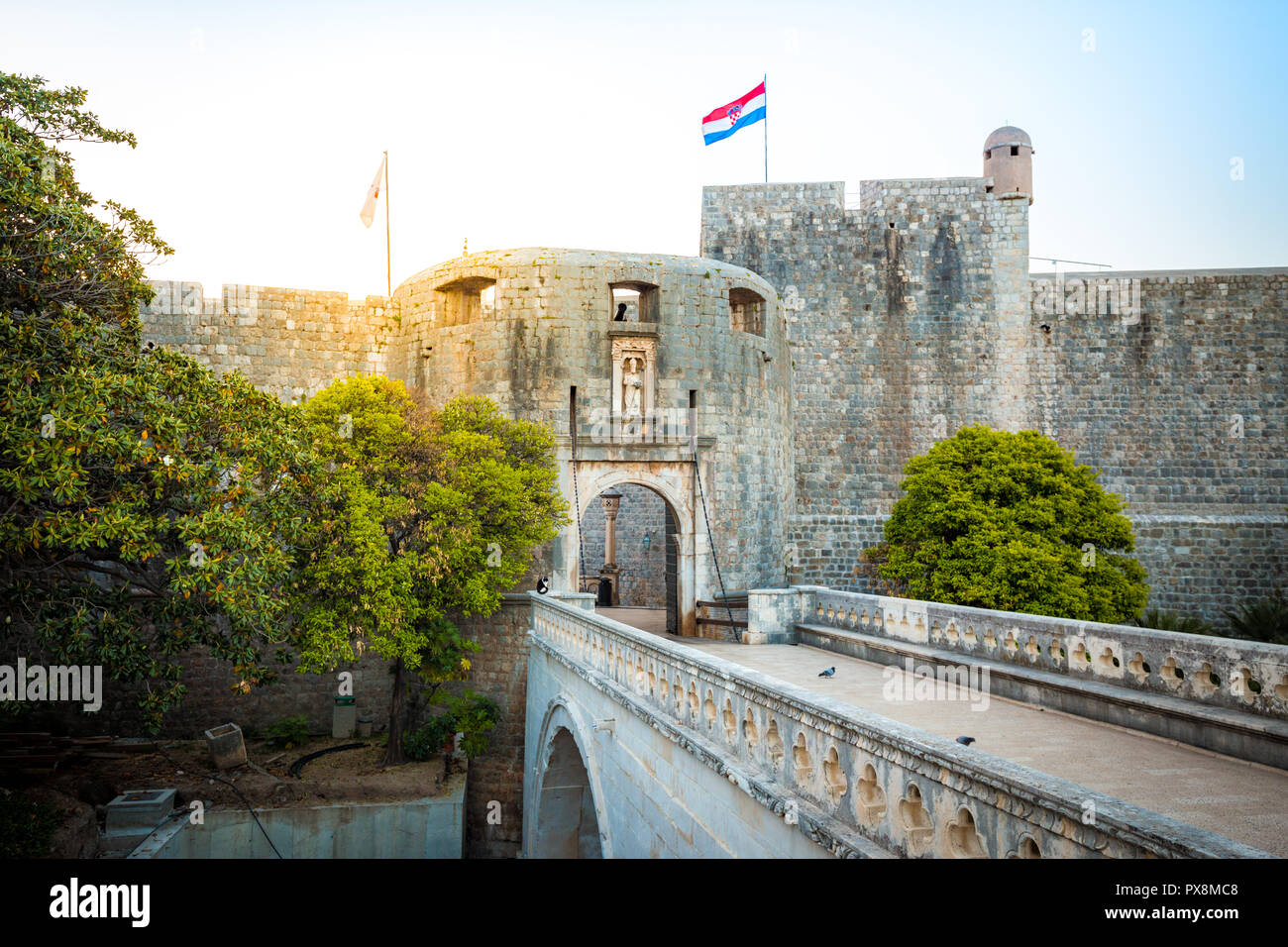 Panorama view of famous Dubrovnik Pile Gate (Old Town Gate) in beautiful morning light at sunrise, Dalmatia, Croatia Stock Photo