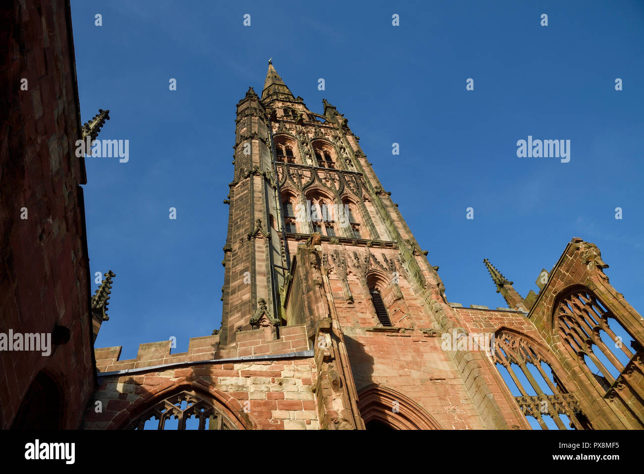 St Michaels Tower in the ruins of Coventry Cathedral on Priory Street in Coventry city centre UK Stock Photo