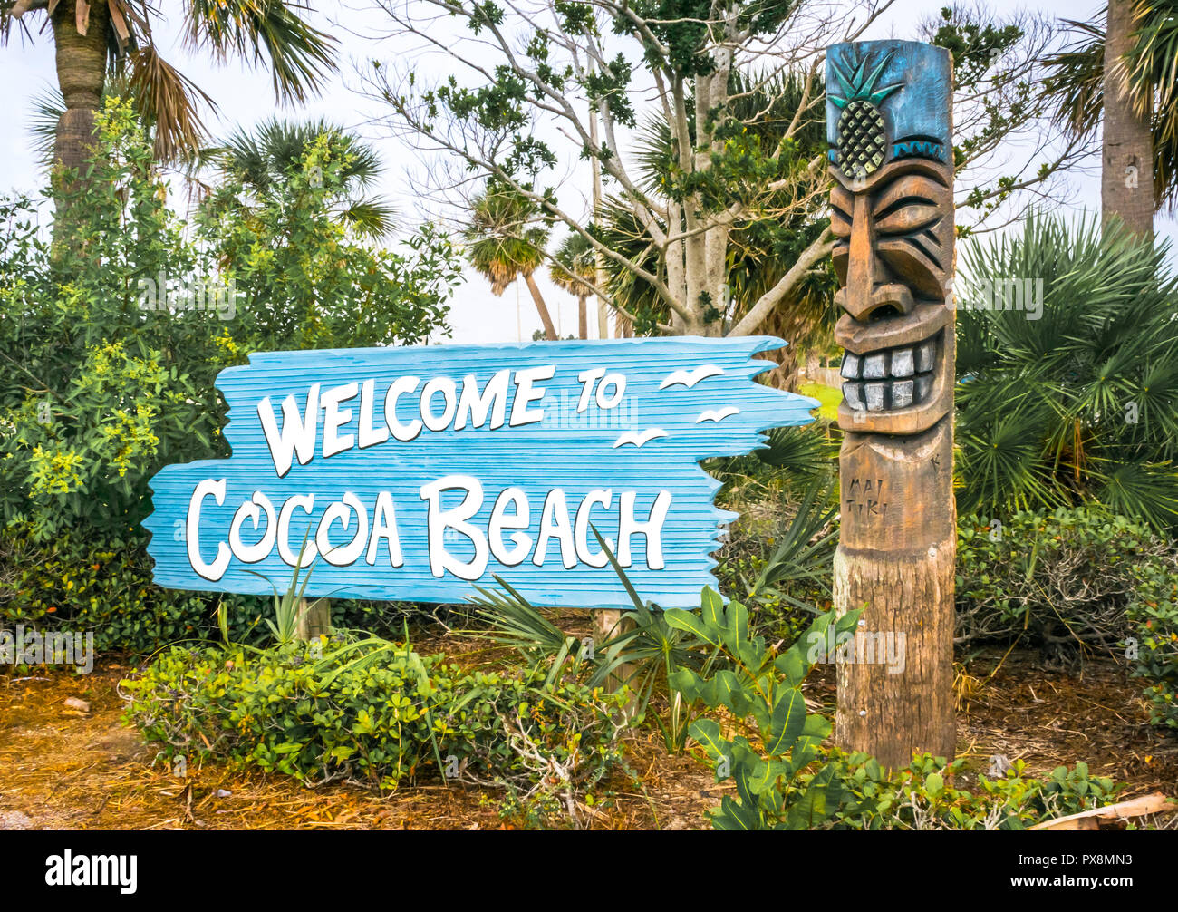 Cocoa Beach, Florida, USA - October 19, 2018: Welcome sign located on the 520 Causeway into Cocoa Beach. Stock Photo