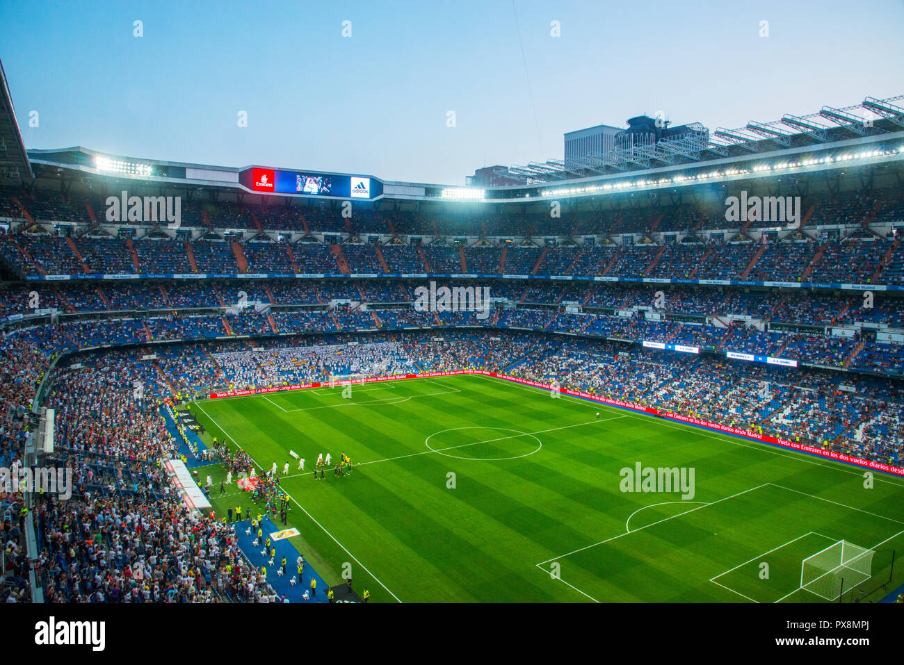 Football match, footballers going into the field. Santiago Bernabeu stadium, Madrid, Spain. Stock Photo