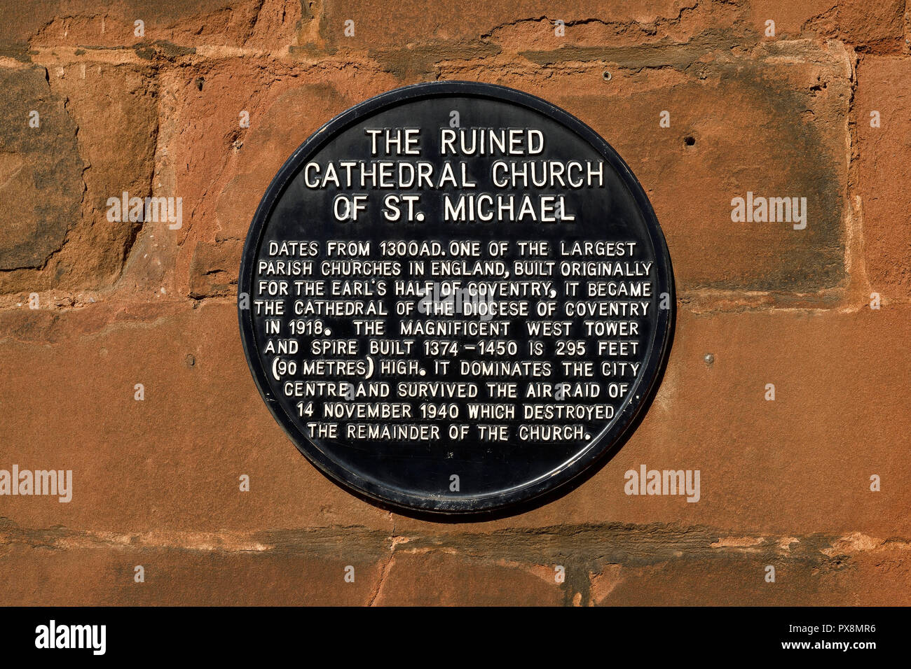 Information plaque on Bayley Lane about the ruins of Coventry Cathedral in Coventry city centre UK Stock Photo