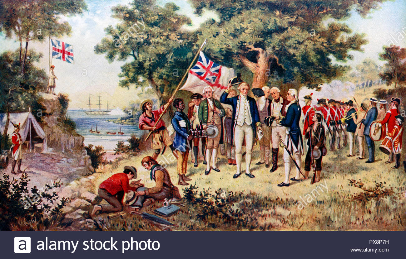 British explorer Captain Cook taking possession of New South Wales in 1770, colour illustration Stock Photo