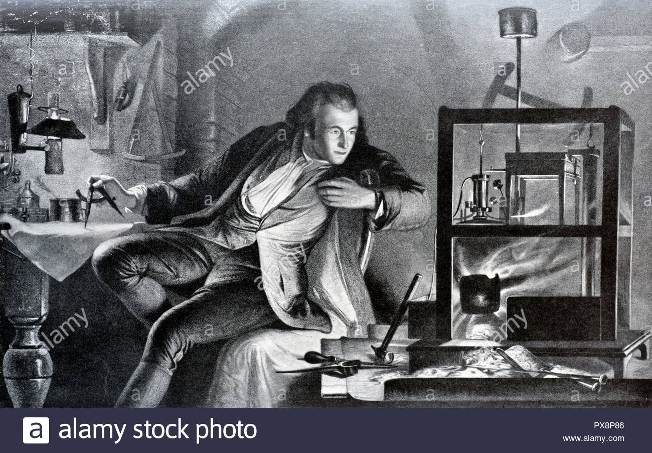 James Watt portrait, 1736 – 1819, was a Scottish inventor, mechanical engineer, and chemist who improved on Thomas Newcomen's 1712 Newcomen steam engine with his Watt steam engine in 1781, which was fundamental to the changes brought by the Industrial Revolution in both his native Great Britain and the rest of the world, illustration from 1922 Stock Photo