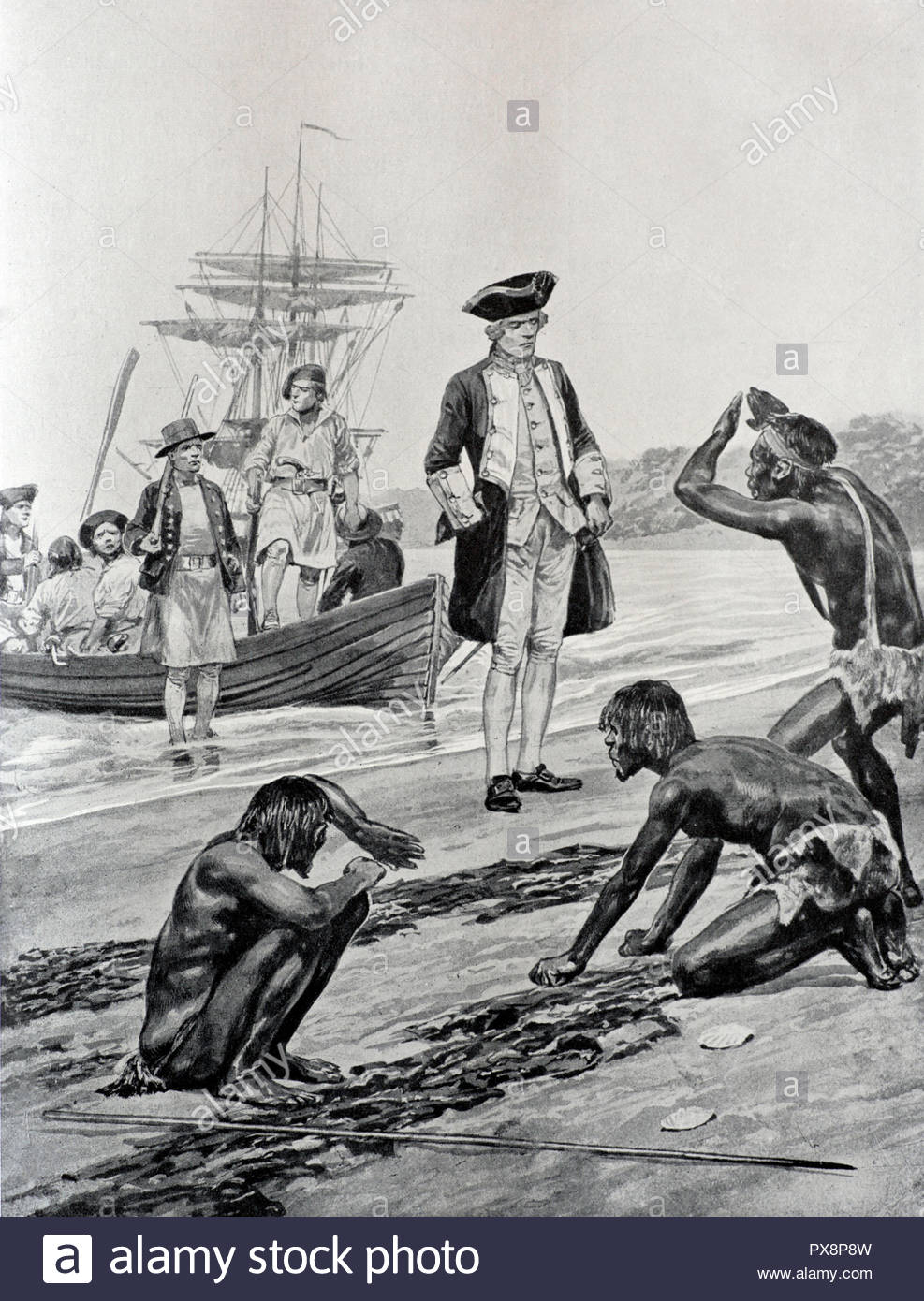British explorer Captain Cook landing in Tasmania in 1777, illustration from 1922 Stock Photo