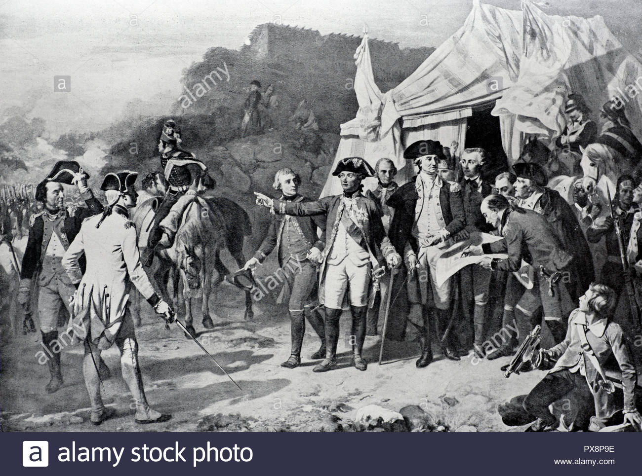 The Capitulation of Lieutenant General Charles Cornwallis at the Siege of Yorktown, Virginia,  on October 19th 1781, illustration from 1922 Stock Photo