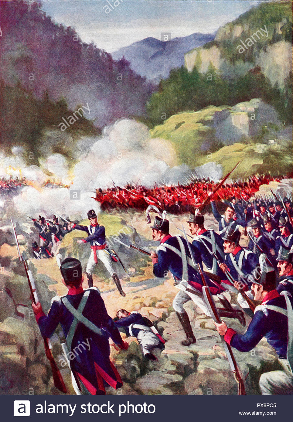 The Battle of Busaco, fought on 27th September 1810 during the Peninsular War in the Portuguese mountain range of Serra do Buçaco, resulted in the defeat of French forces by Lord Wellington's Anglo-Portuguese Army, colour illustration from 1922 Stock Photo