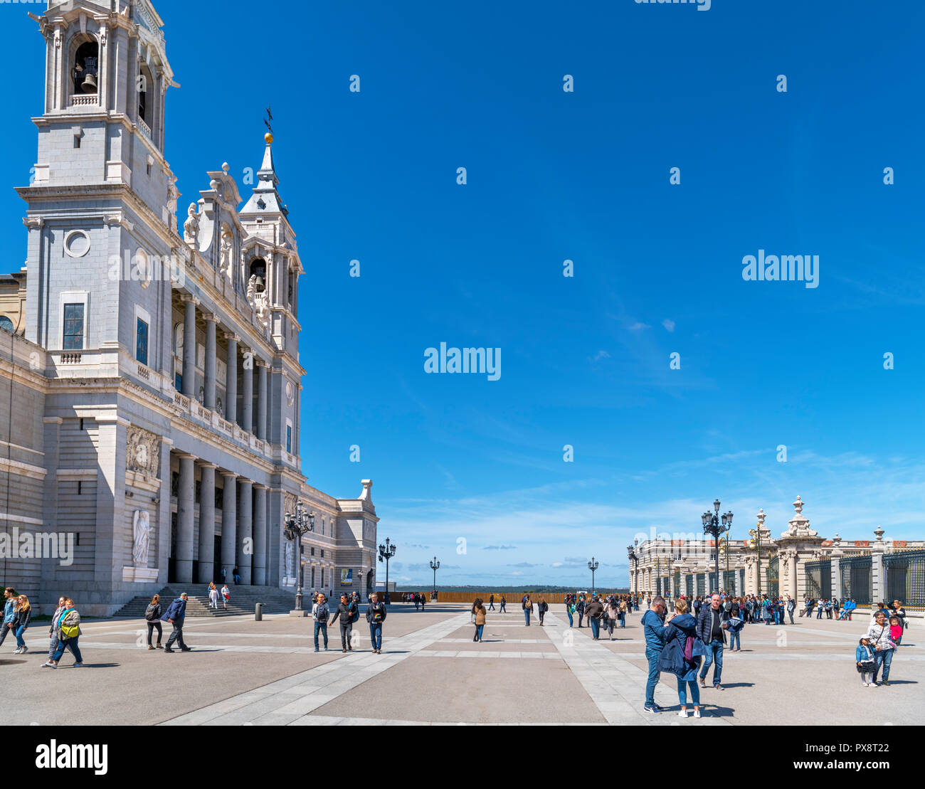 Plaza de la Armeria with Madrid Cathedral to the left and Palacio Real to the right, Madrid, Spain. Stock Photo