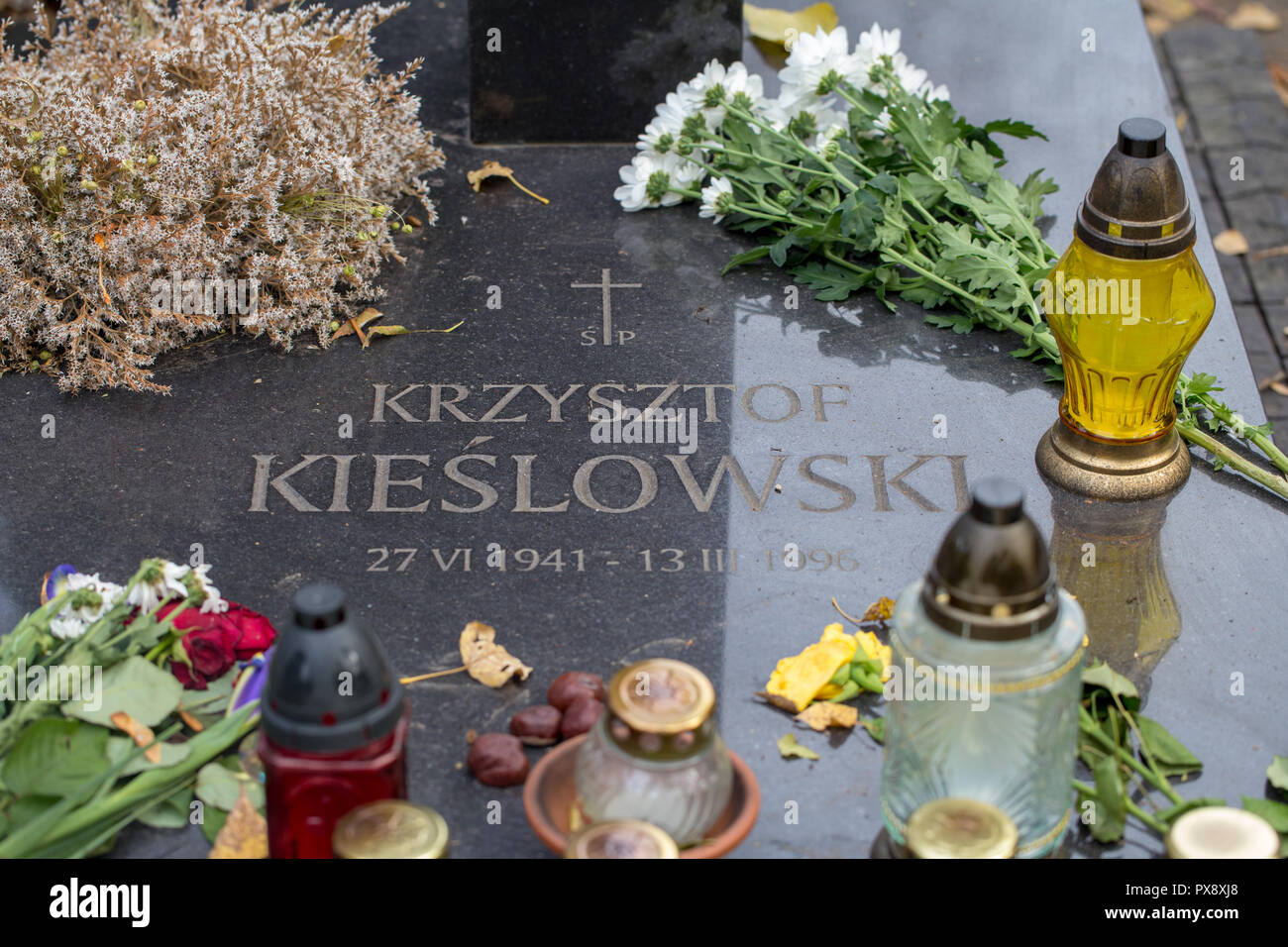 Powazki Cemetery, Warsaw. Grave of Polish famous film director Krzysztof Kieslowski Stock Photo