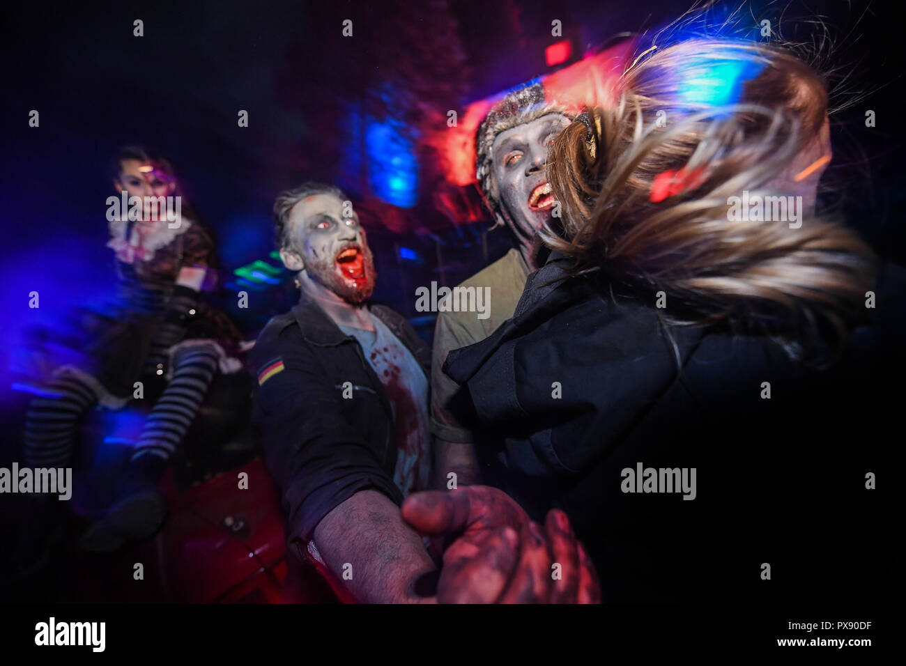 Muehltal Germany 19th Oct 2018 19 October 2018 Germany Muehltal Two Zombies Follow A Visitor At The Opening Of The Halloween Spectacle Since The 1970s Burg Frankenstein Has Hosted One Of Germany S