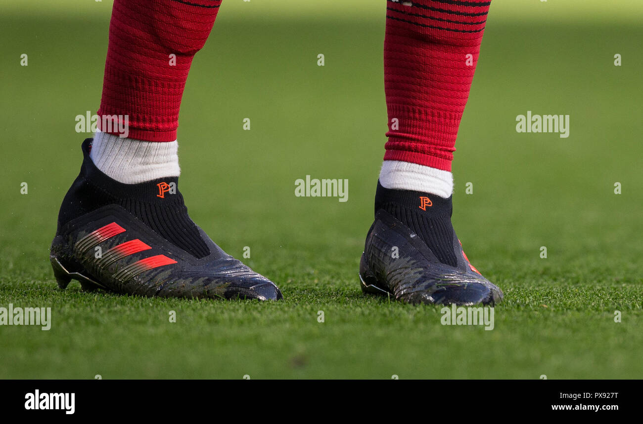 London, UK. 20th October 2018. Paul Pogba of Man Utd new predator Adidas  footballs during the Premier League match between Chelsea and Manchester  United at Stamford Bridge, London, England on 20 October