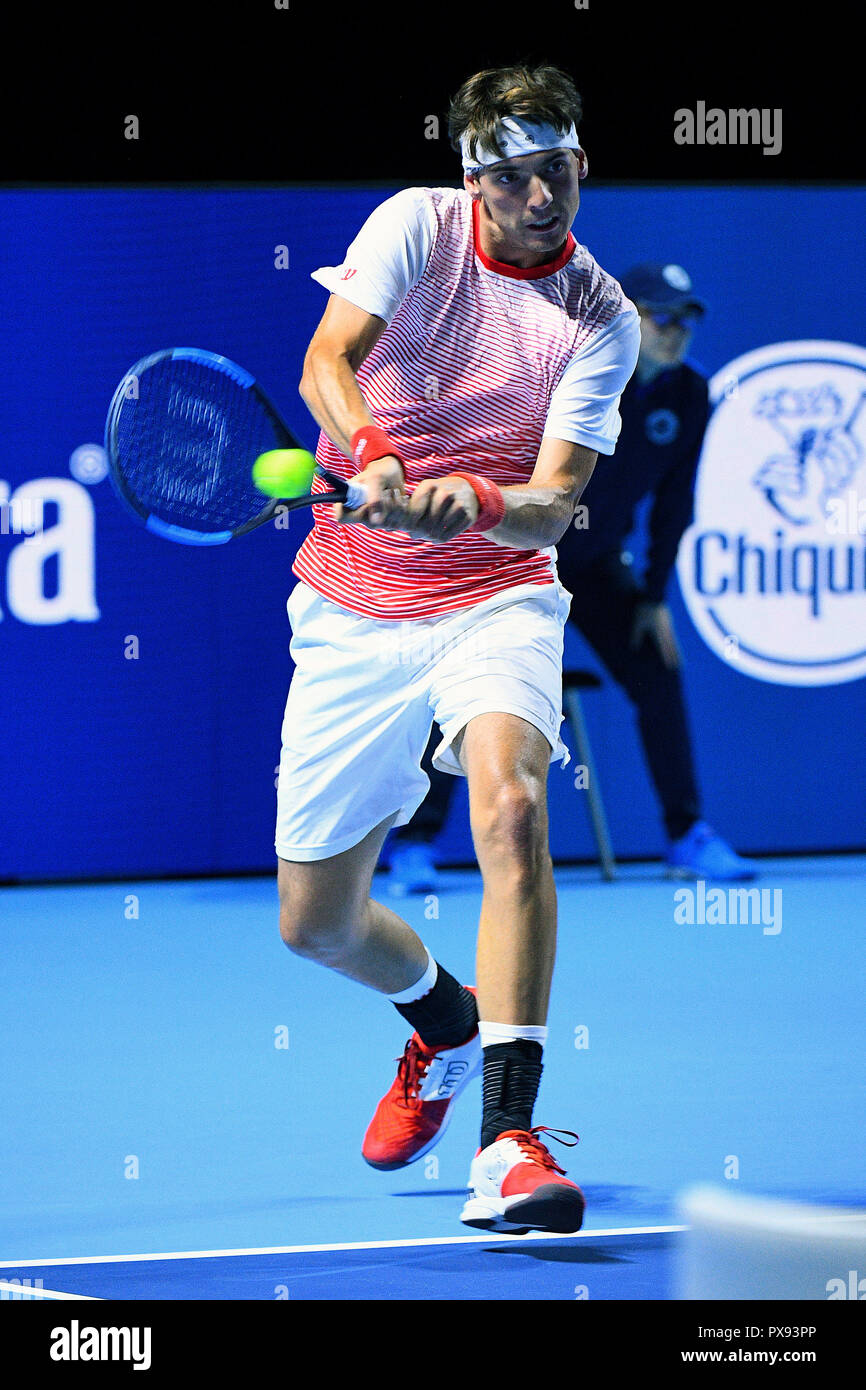 St Jakobshalle, Basel, Switzerland. 20th Oct, 2018. ATP World Tour, Swiss  Indoors Tennis; Marc-Andrea Huesler of Switzerland in action against Malek  Jaziri of Tunisia in the first round of Qualifications Credit: Action