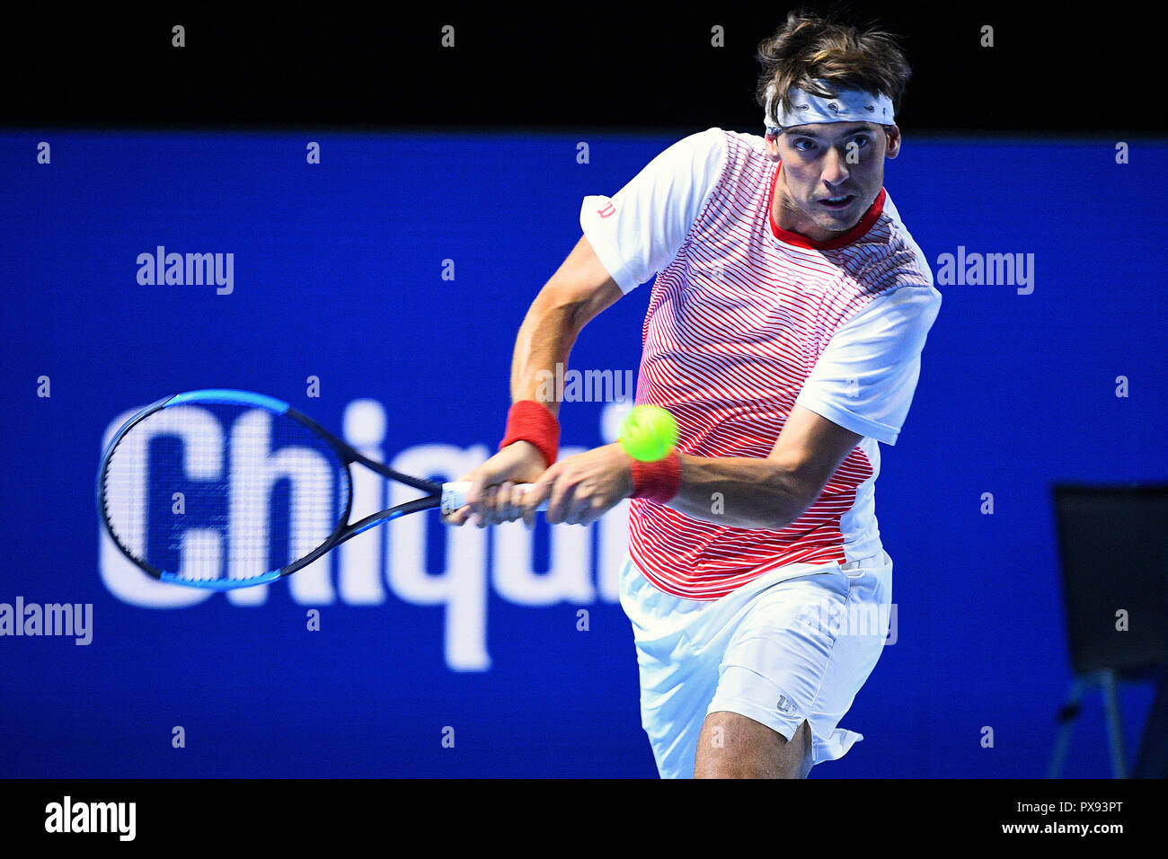 St Jakobshalle, Basel, Switzerland. 20th Oct, 2018. ATP World Tour, Swiss  Indoors Tennis; Marc-Andrea Huesler of Switzerland in action against Malek  Jaziri of Tunisia in the first round of Qualifications Credit: Action