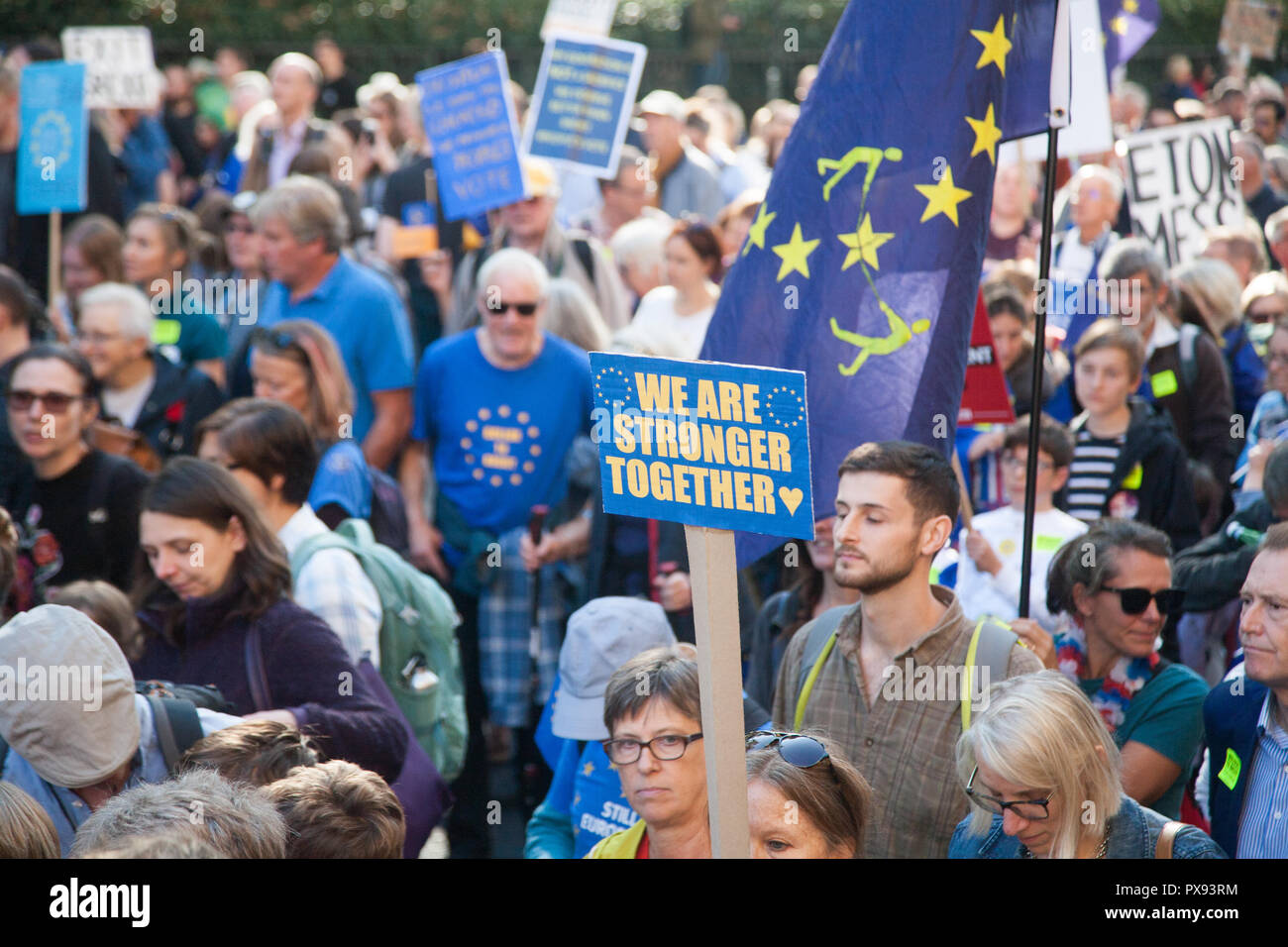 London, UK. 20th Oct, 2018. Thousands of Pro Europe campaigners marched through central London to Parliament demanding a vote on the final Brexit deal on Britain leaving European Union as more than 100,000 are expected at the rally.Peoples Vote is a grassroots movement supported by European Movement UK, Open Britain, Britain for Europe and Scientists for EU. Credit: amer ghazzal/Alamy Live News Stock Photo