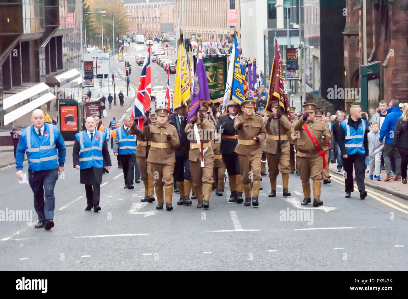 Glasgow, Scotland, UK. 20th October, 2018. Marchers taking part in the End of the Great War Centenary Memorial Parade through the streets of the city from Kelvingrove Park to Glasgow Green, organised by 36th (Ulster) Memorial Association. Credit: Skully/Alamy Live News Stock Photo