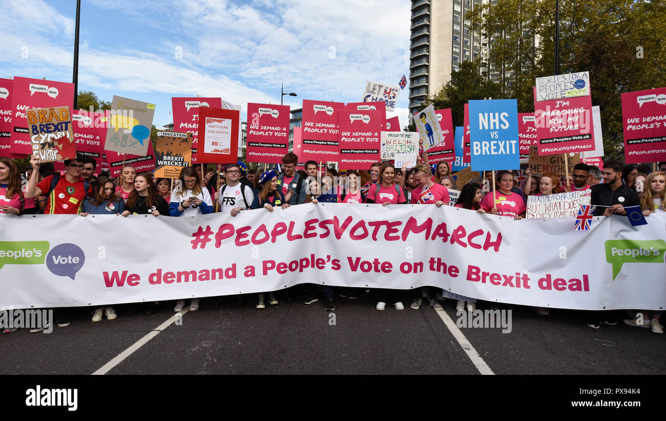 London, UK.  20 October 2018.  Young people head the march. Thousands of people take part in a demonstration, organised by the People's Vote campaign, beginning with a march from Park Lane to a rally in Parliament Square.  The People's Vote seeks a referendum on the outcome of the final Brexit negotiations ahead of 29 March 2019, the date that the UK is due to leave the EU.  Credit: Stephen Chung / Alamy Live News Stock Photo