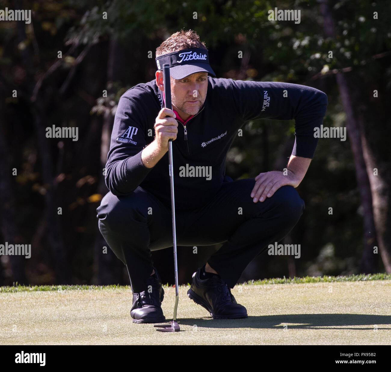 Jeju, South Korea. 20th Oct, 2018. Ian Poulter of England competes during the 3rd round of the CJ Cup of the PGA Tour at the Nine Bridges in Jeju Island, South Korea, Oct. 20, 2018. Credit: Lee Sang-ho/Xinhua/Alamy Live News Stock Photo