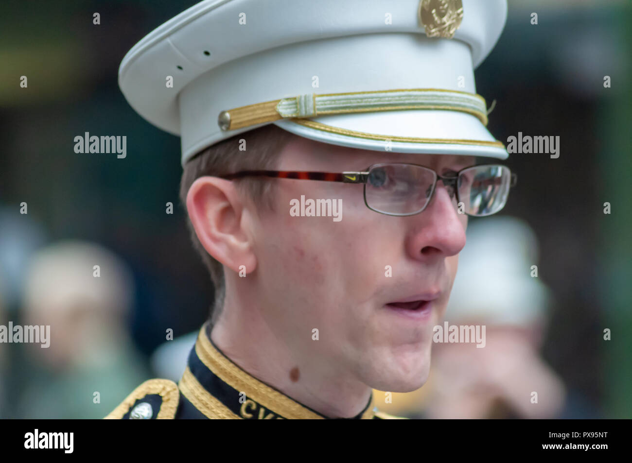 Glasgow, Scotland, UK. 20th October, 2018. Marchers taking part in the End of the Great War Centenary Memorial Parade through the streets of the city from Kelvingrove Park to Glasgow Green, organised by 36th (Ulster) Memorial Association. Credit: Skully/Alamy Live News Stock Photo