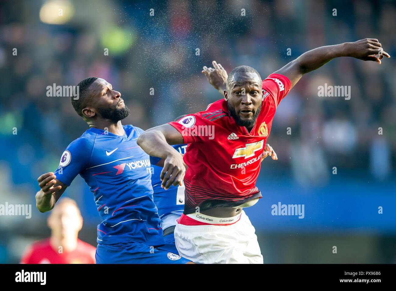 London, UK. 20th Oct, 2018. Romelu Lukaku of Manchester United and Antonio  RÃ¼diger of Chelsea during the Premier League match between Chelsea and  Manchester United at Stamford Bridge, London, England on 20