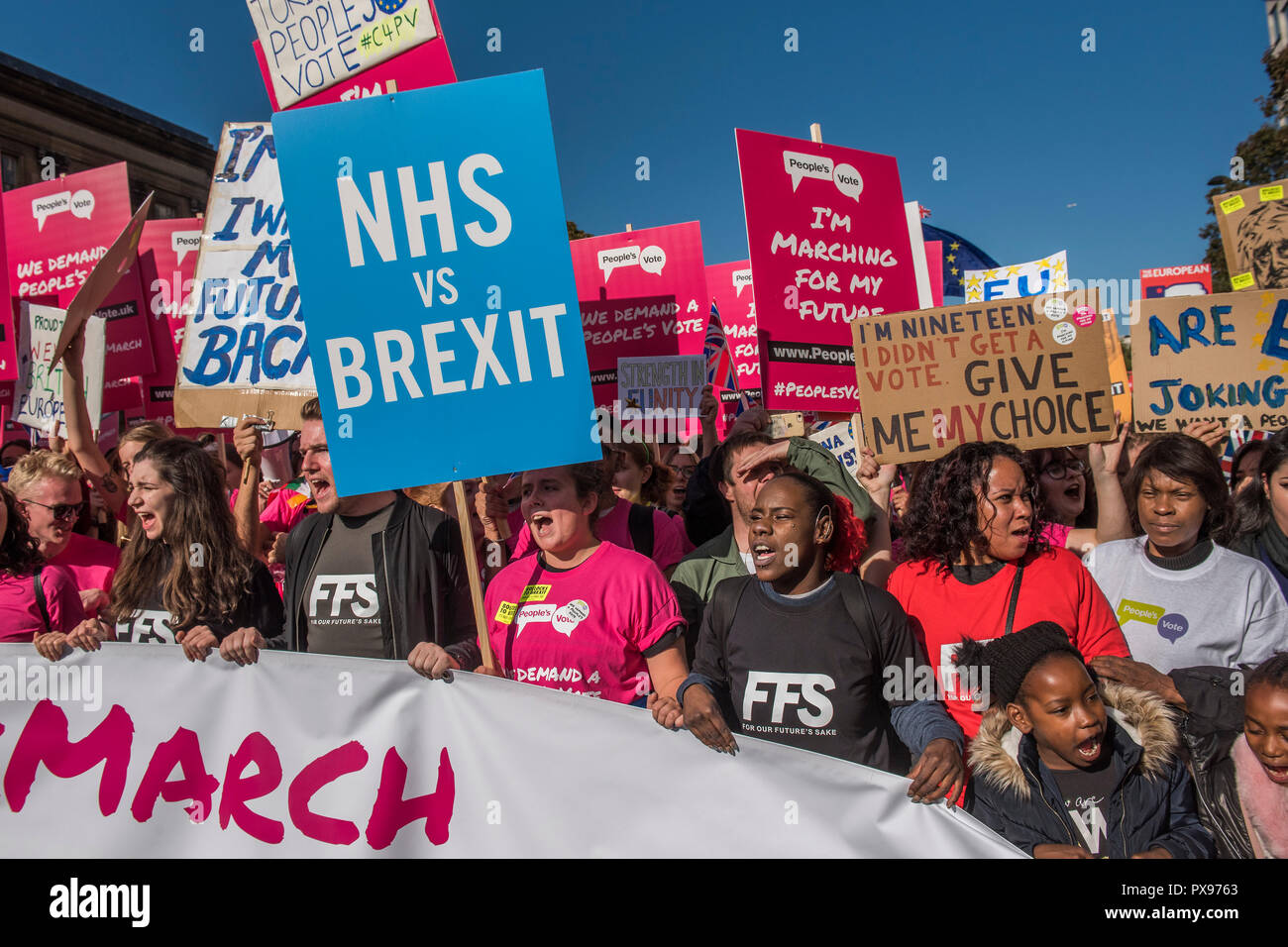 London, UK. 20th Oct, 2018. Assembling in Park Lane to be led by young people - The People’s Vote March For The Future demanding a Vote on any Brexit deal. The protest assembled on Park Lane and then marched to Parliament Square for speeches. Credit: Guy Bell/Alamy Live News Stock Photo