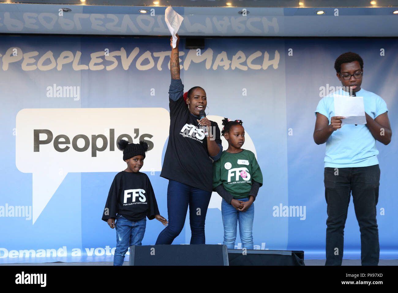 Parliament Square, London, UK, 20th Oct 2018. Shakira Martin, president of the NUS, has brought her two young daughters on stage.   The People’s Vote March demands a final vote on the Brexit deal. It makes its way through Central London and ends with a rally and speeches in Parliament Square. The march is organised by the People’s Vote campaign and attended by many different groups and organisations. Credit: Imageplotter News and Sports/Alamy Live News Stock Photo