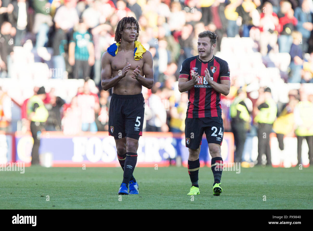 Nathan AkŽ and Ryan Fraser of Bournemouth applaud the fans at the final whistle during the Premier League match between AFC Bournemouth and Southampton at the Vitality Stadium, Bournemouth, England on 20 October 2018. Photo by Simon Carlton.  Editorial use only, license required for commercial use. No use in betting, games or a single club/league/player publications. Stock Photo
