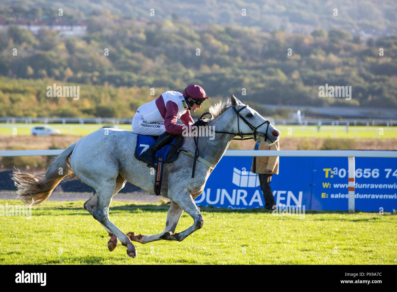 Silver Streak (jockey Adam Wedge) on the way to winning the 2018 Dunraven Group Welsh Champion Hurdle at Ffos Las racecourse Stock Photo