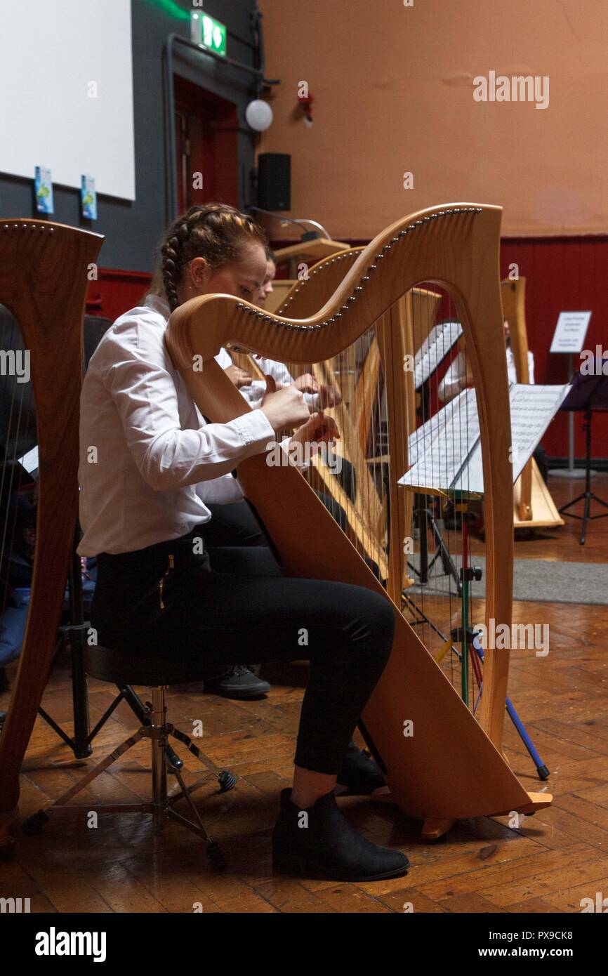 Cork, Ireland. 20th Oct, 2018.  Pictured here is West Cork Harp Ensemble.  National Harp Day/ Lá na Cruite, Crawford Art Gallery, Cork City. National Harp Day/ Lá na Cruite took place today with many events in venues throughout the country. Crawford Art Gallery was one of the venues to host an event. The gallery saw Damhnait Sweeny, Oisin Morrison and Orla Busteed performing as well as a variety of other harpists who played throughout the gallery during the day. Credit: Damian Coleman/Alamy Live News. Stock Photo