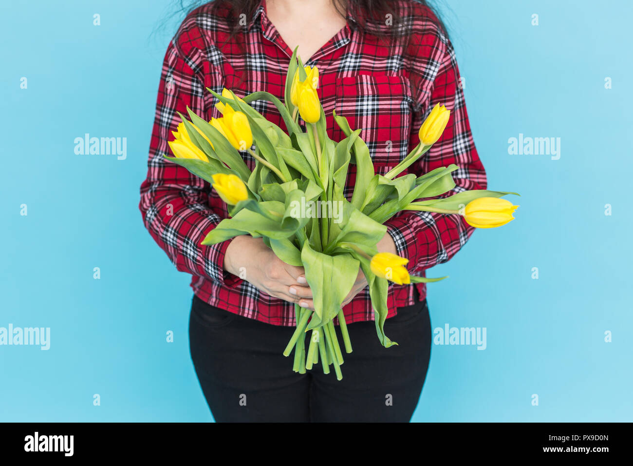 Bunch of yellow tulips on woman's hands on blue background Stock Photo ...