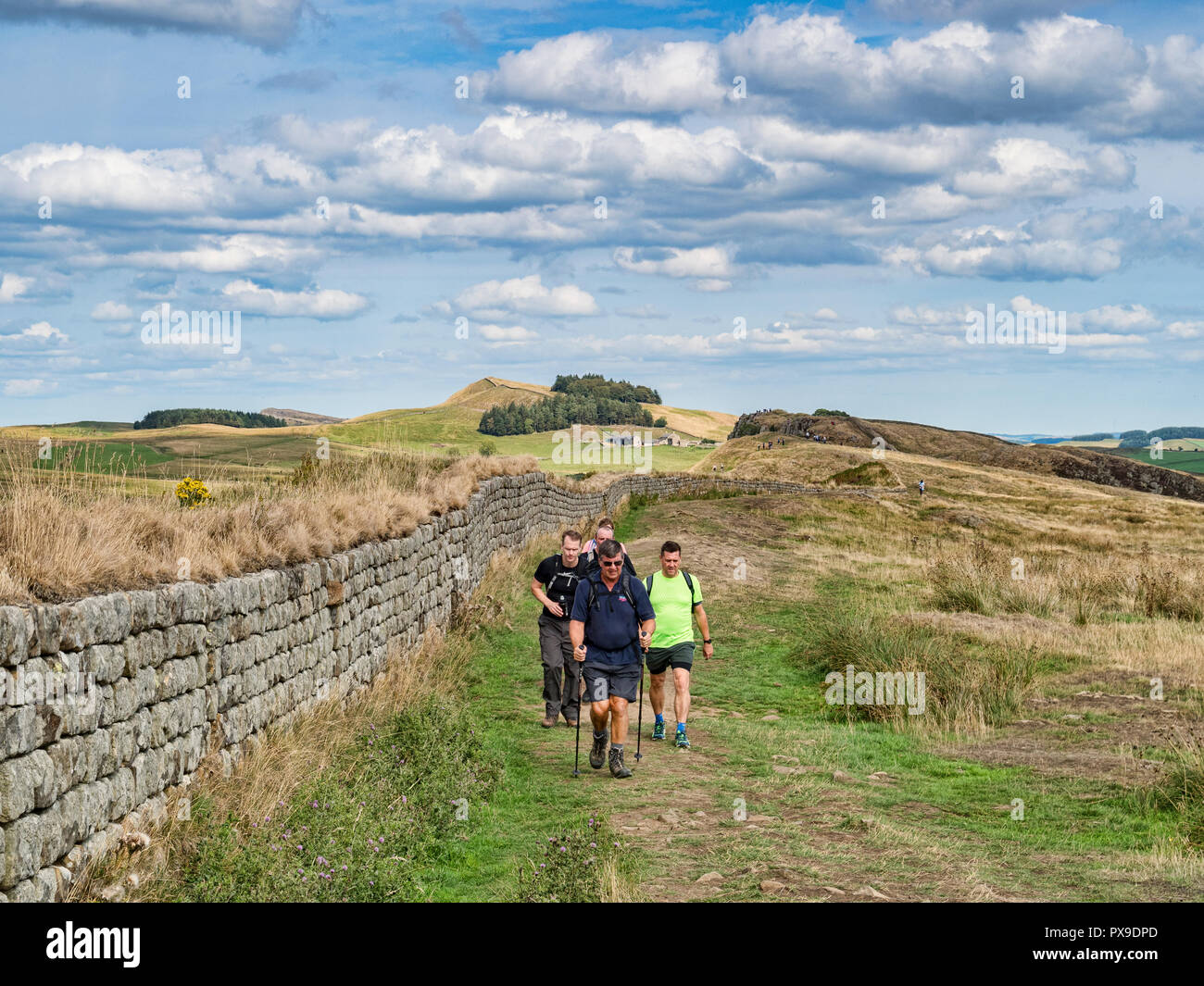 11 August 2018: Hadrian's Wall, Northumberland - Group of male hikers with walking poles walking on the Hadrians' Wall path at Walltown Crags on a war Stock Photo